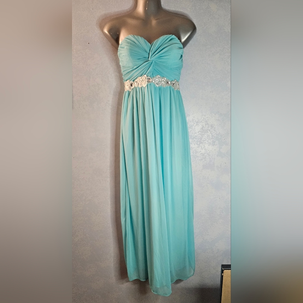 CITY TRIANGLES Juniors Aqua Ruched Strapless Prom Ball Gown 3